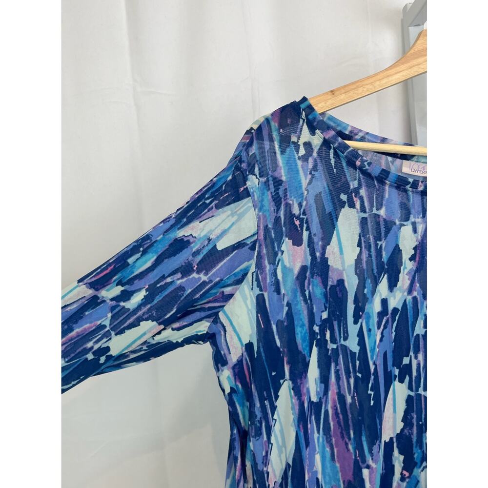 LOGO Size 1X Plus Lori Goldstein Printed 3/4 Sleeve Sheer Mesh Top Twilight Blue - Picture 3 of 6